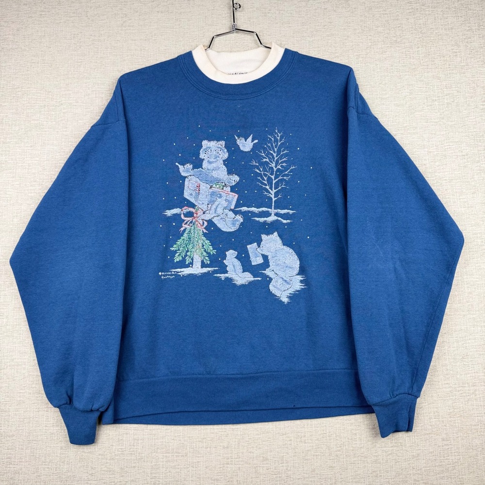 Vintage Morning Sun Raccoon Winter Mens  Large Christmas Sweater  Blue USA Made
